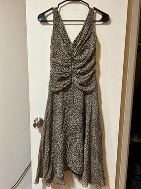 Camille La Vie -- y2k cheetah print silk midi dress, ruched mid section